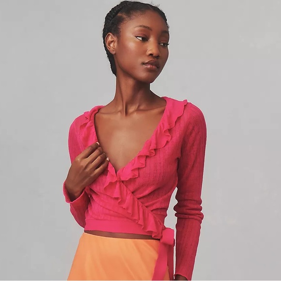 Anthropologie Maeve Linen Ruffled Wrap Cardigan Sweater - Picture 5 of 8